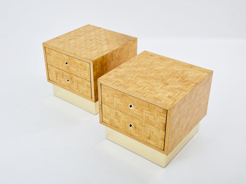 Italian Dal Vera bamboo marquetry and brass bedside tables 1970s