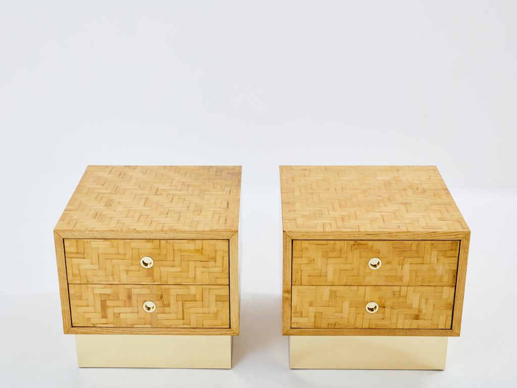 Italian Dal Vera bamboo marquetry and brass bedside tables 1970s
