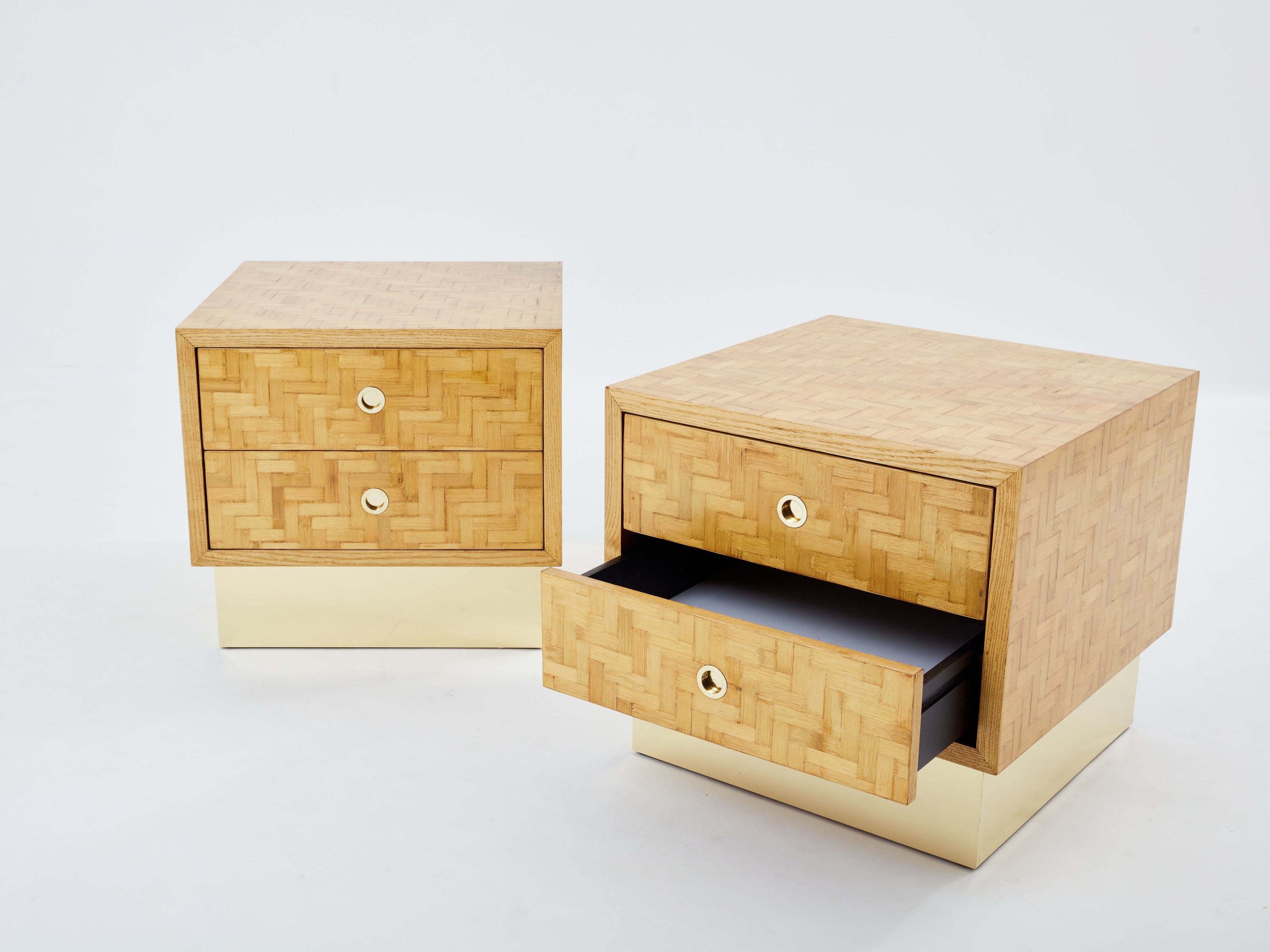 Italian Dal Vera bamboo marquetry and brass bedside tables 1970s