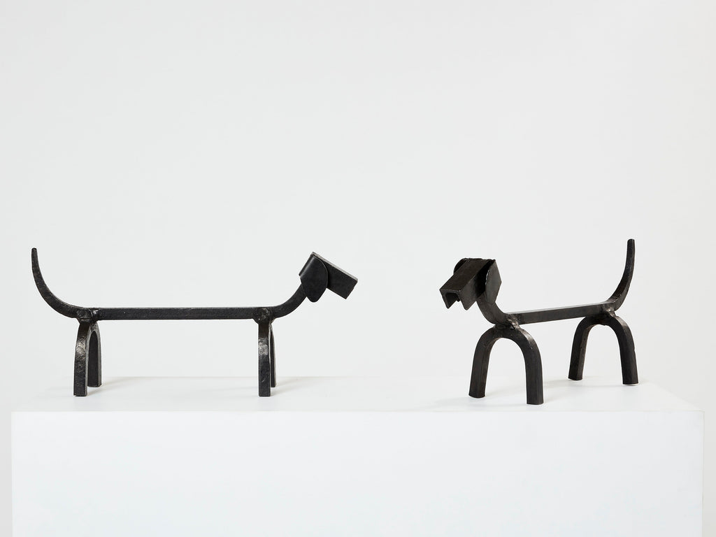 Edouard Schenck dog Dachshund andirons wrought iron 1950s