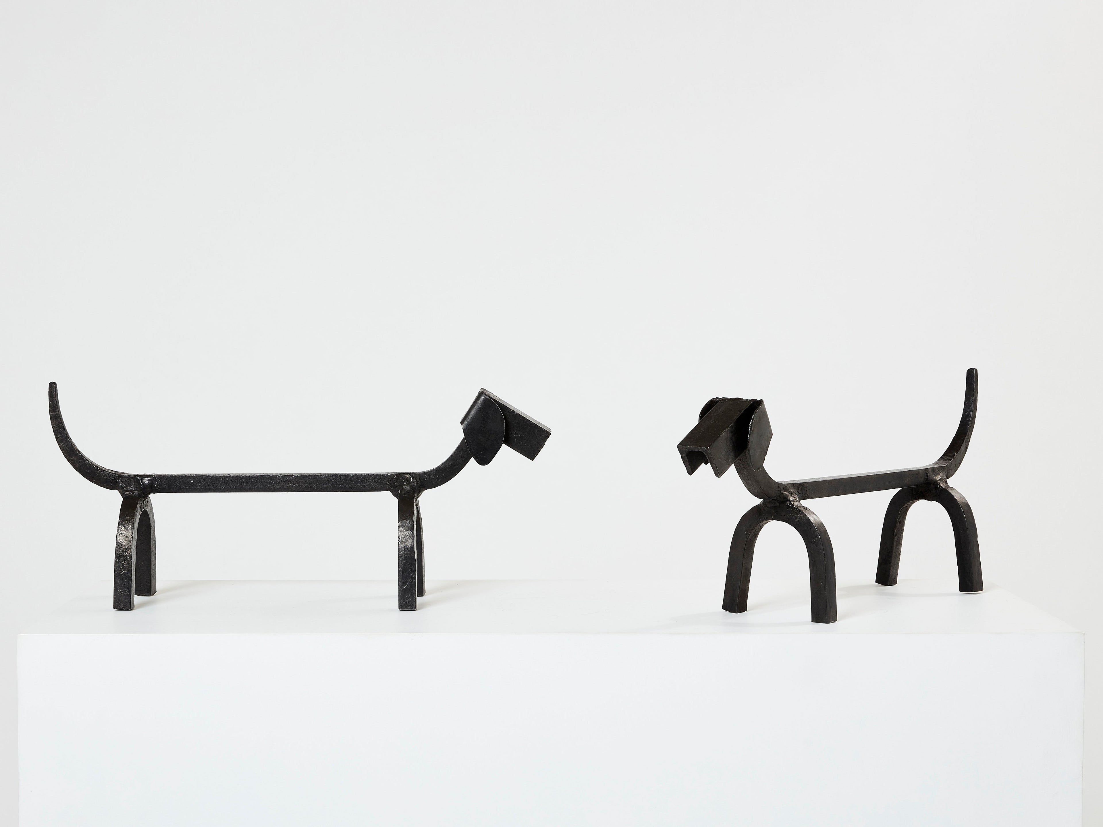 Edouard Schenck dog Dachshund andirons wrought iron 1950s