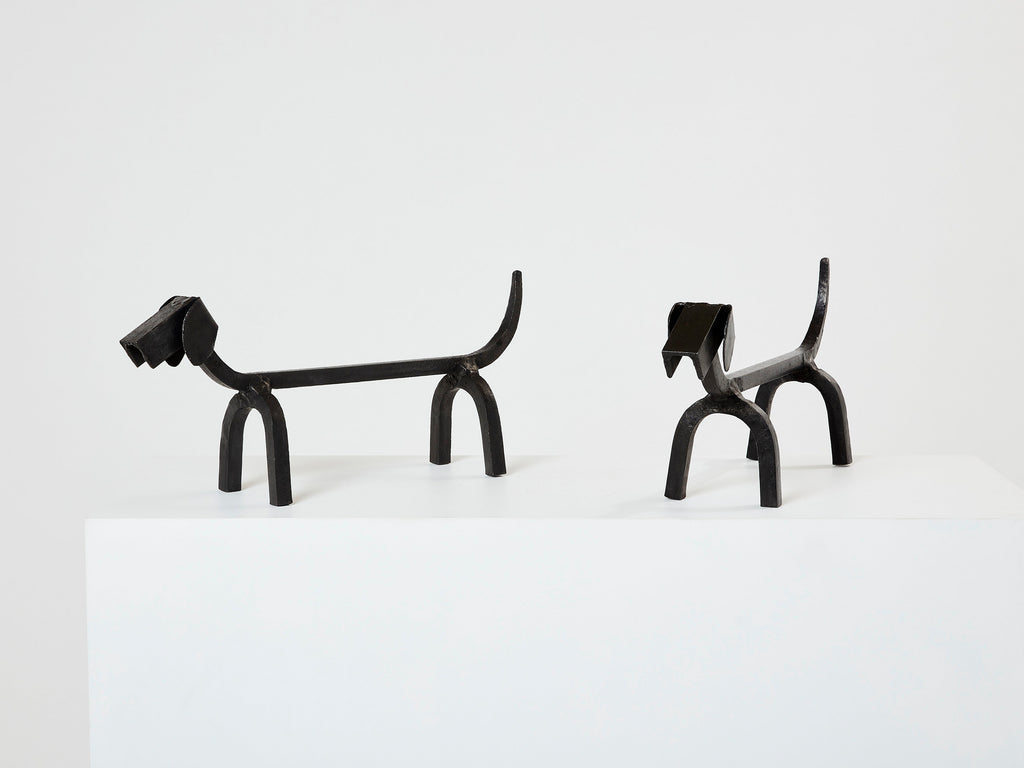 Edouard Schenck dog Dachshund andirons wrought iron 1950s