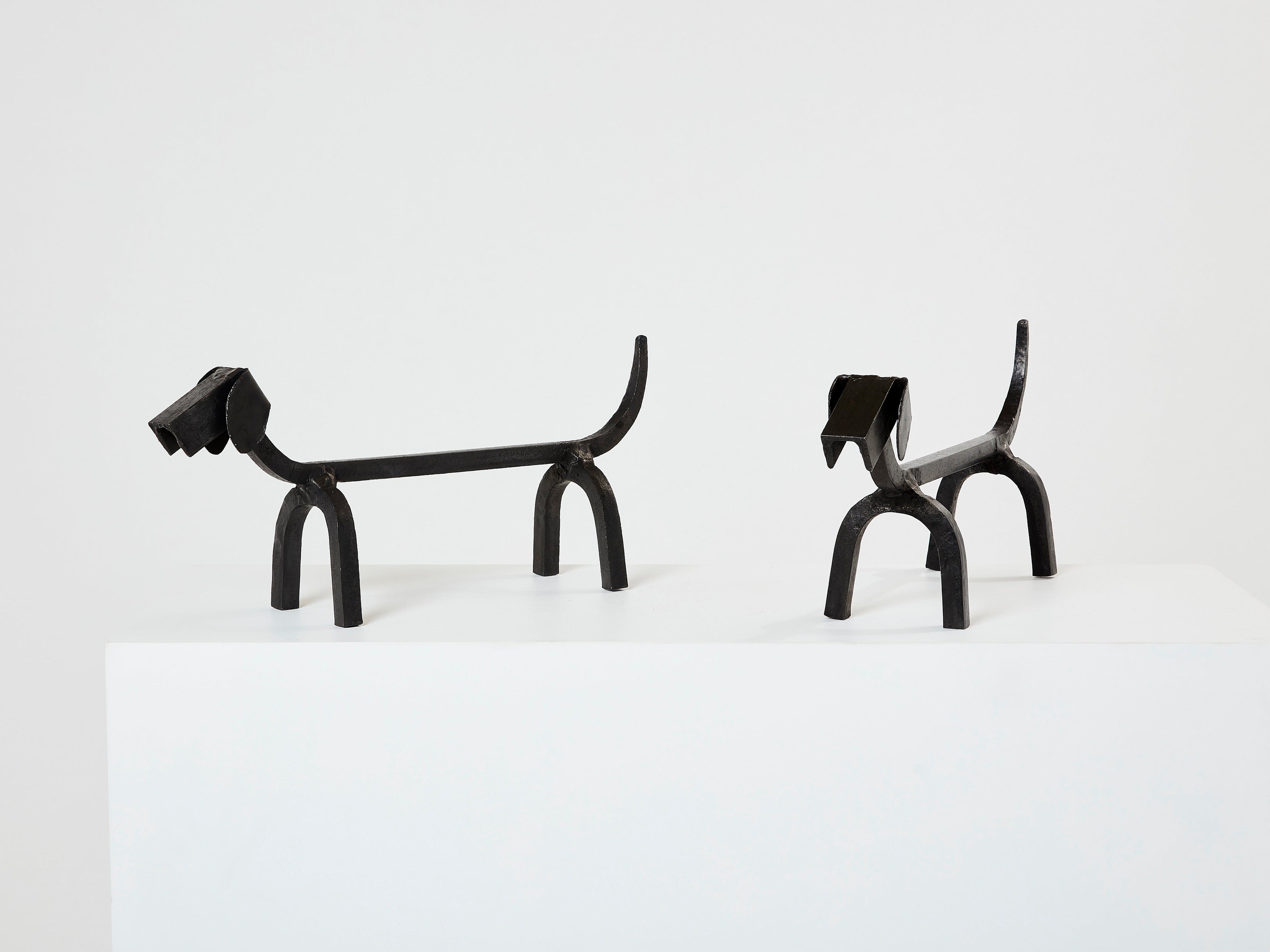 Edouard Schenck dog Dachshund andirons wrought iron 1950s