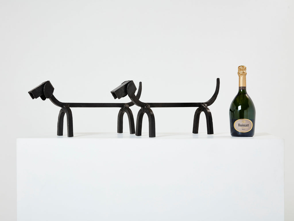 Edouard Schenck dog Dachshund andirons wrought iron 1950s