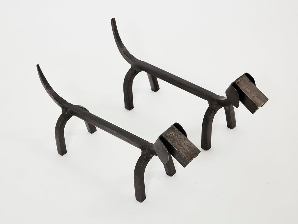 Edouard Schenck dog Dachshund andirons wrought iron 1950s