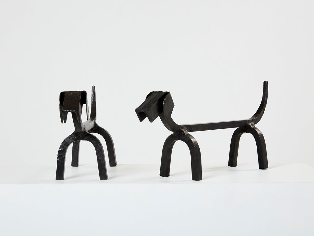 Edouard Schenck dog Dachshund andirons wrought iron 1950s