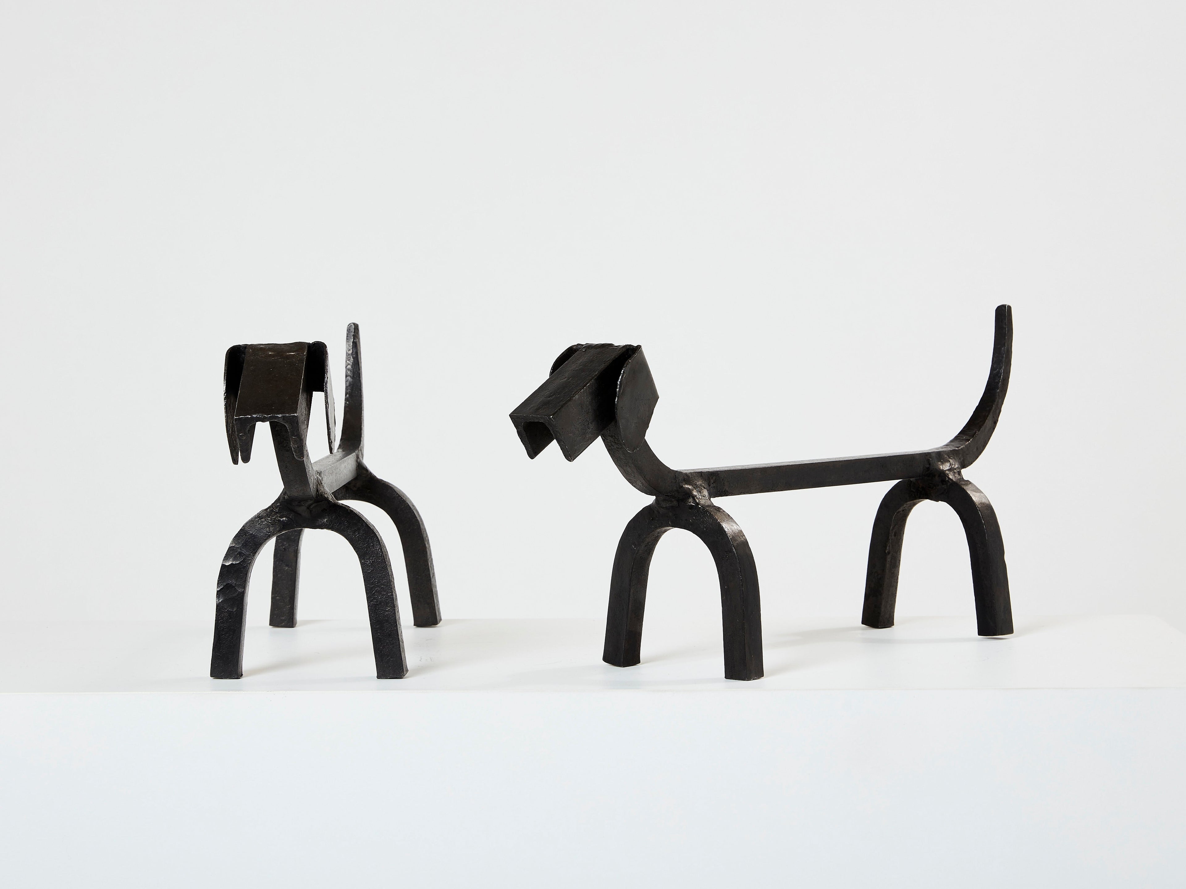 Edouard Schenck dog Dachshund andirons wrought iron 1950s