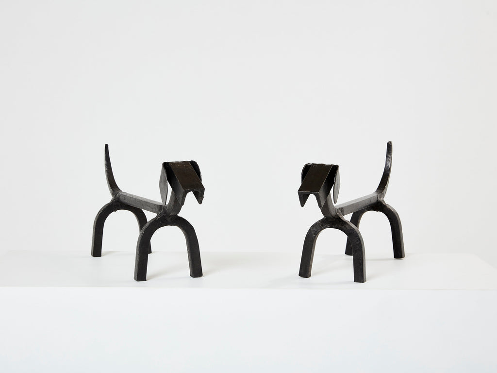 Edouard Schenck dog Dachshund andirons wrought iron 1950s