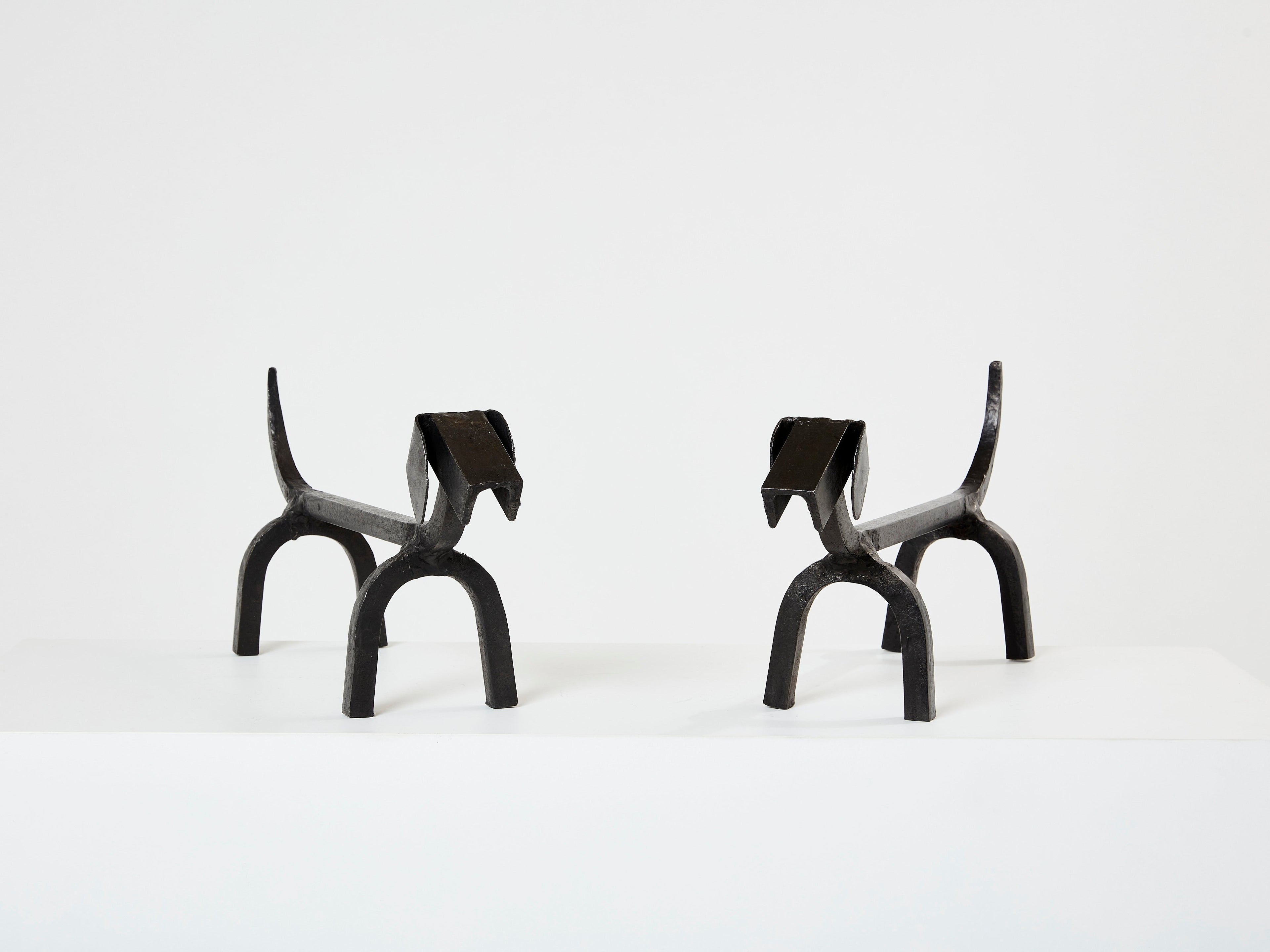 Edouard Schenck dog Dachshund andirons wrought iron 1950s