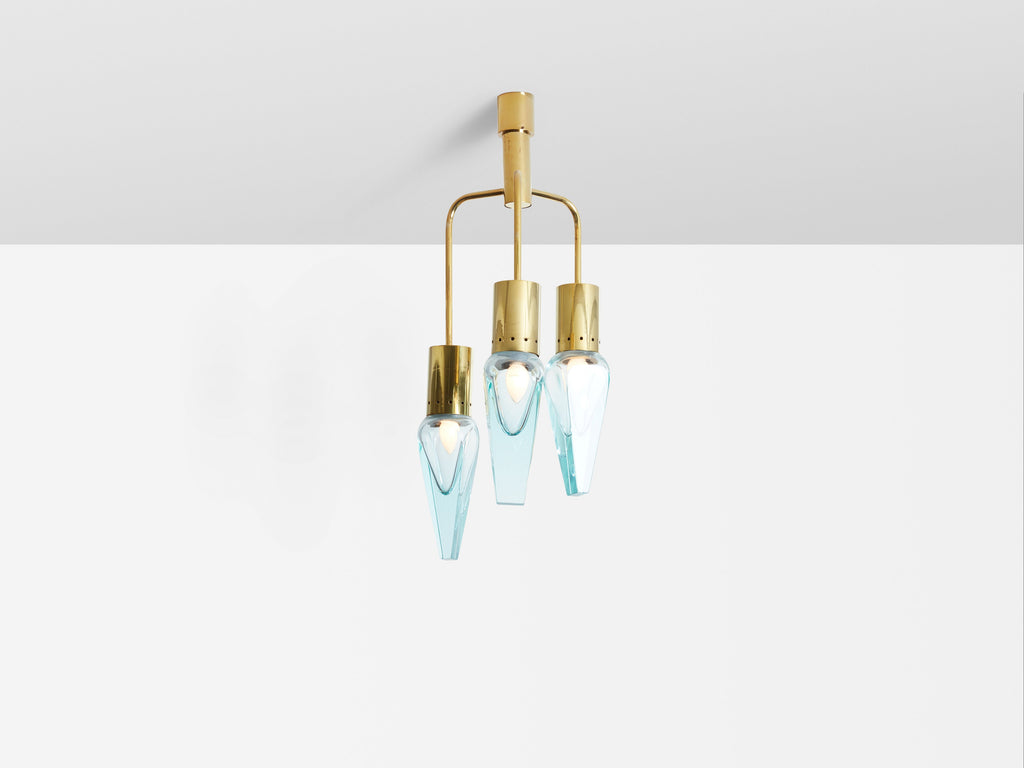 Flavio Poli for Seguso thick Murano glass and brass chandelier 1950s