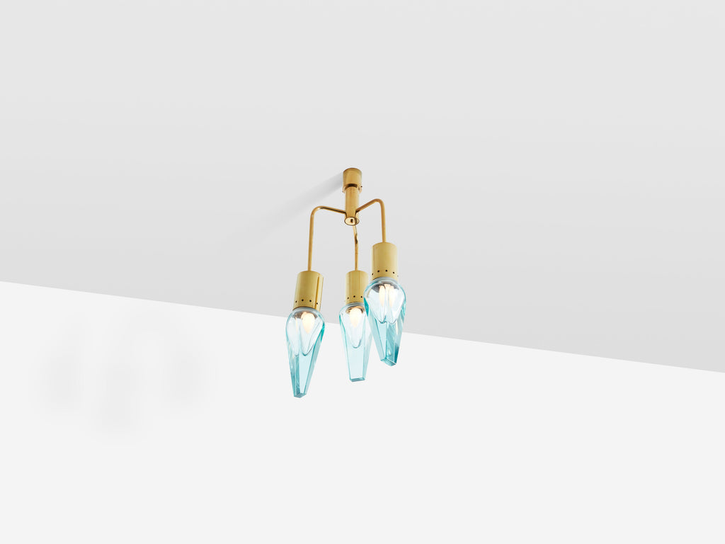 Flavio Poli for Seguso thick Murano glass and brass chandelier 1950s