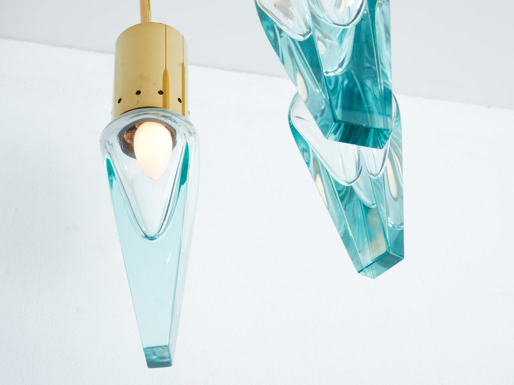 Flavio Poli for Seguso thick Murano glass and brass chandelier 1950s