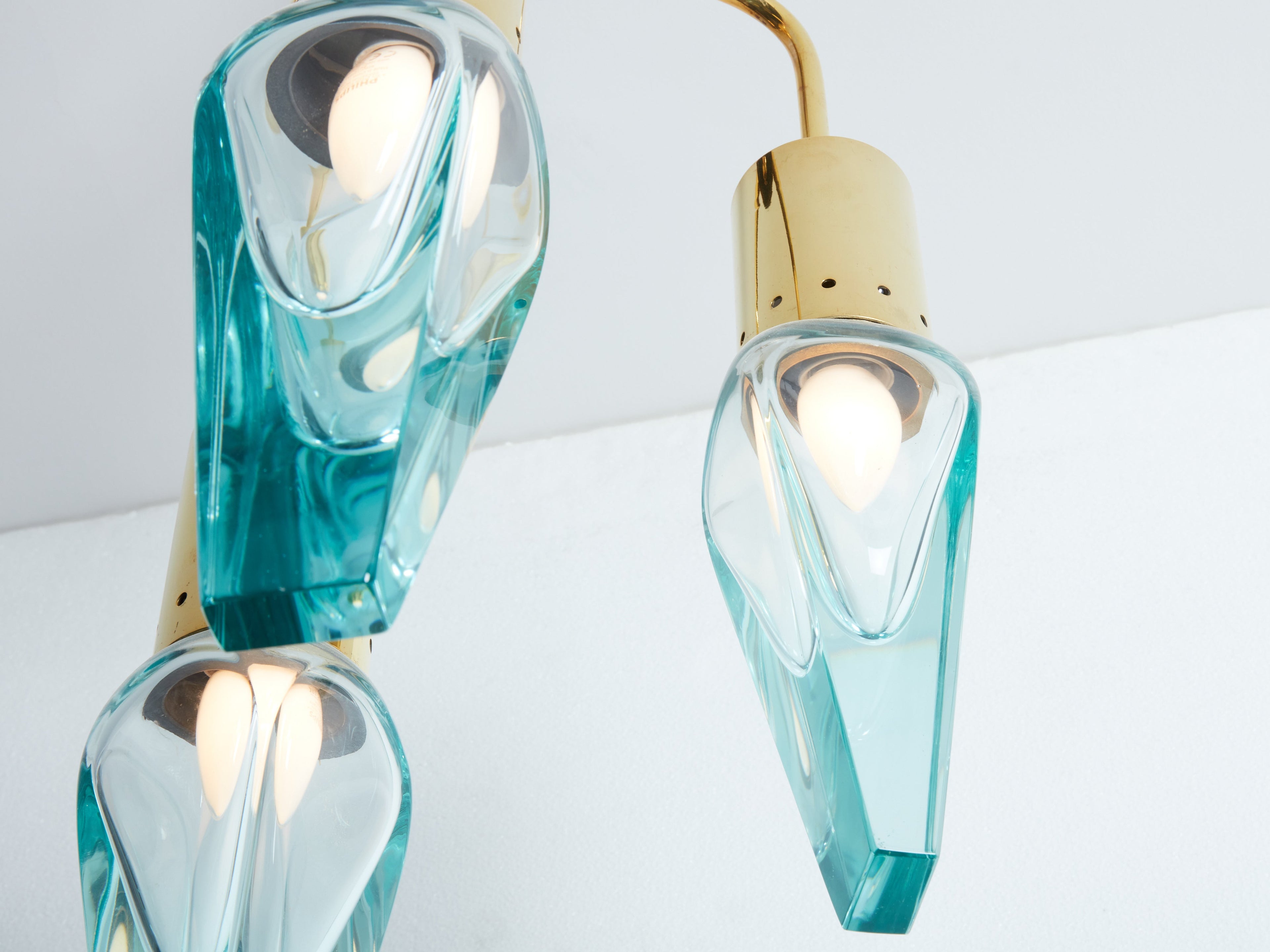 Flavio Poli for Seguso thick Murano glass and brass chandelier 1950s