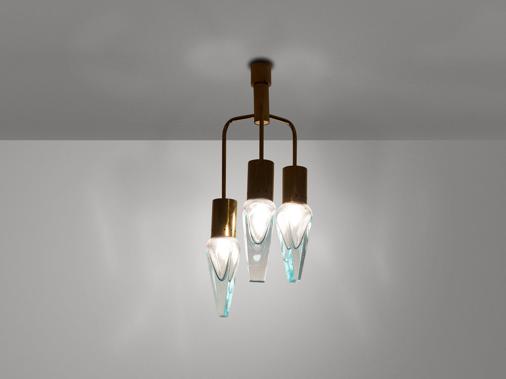 Flavio Poli for Seguso thick Murano glass and brass chandelier 1950s