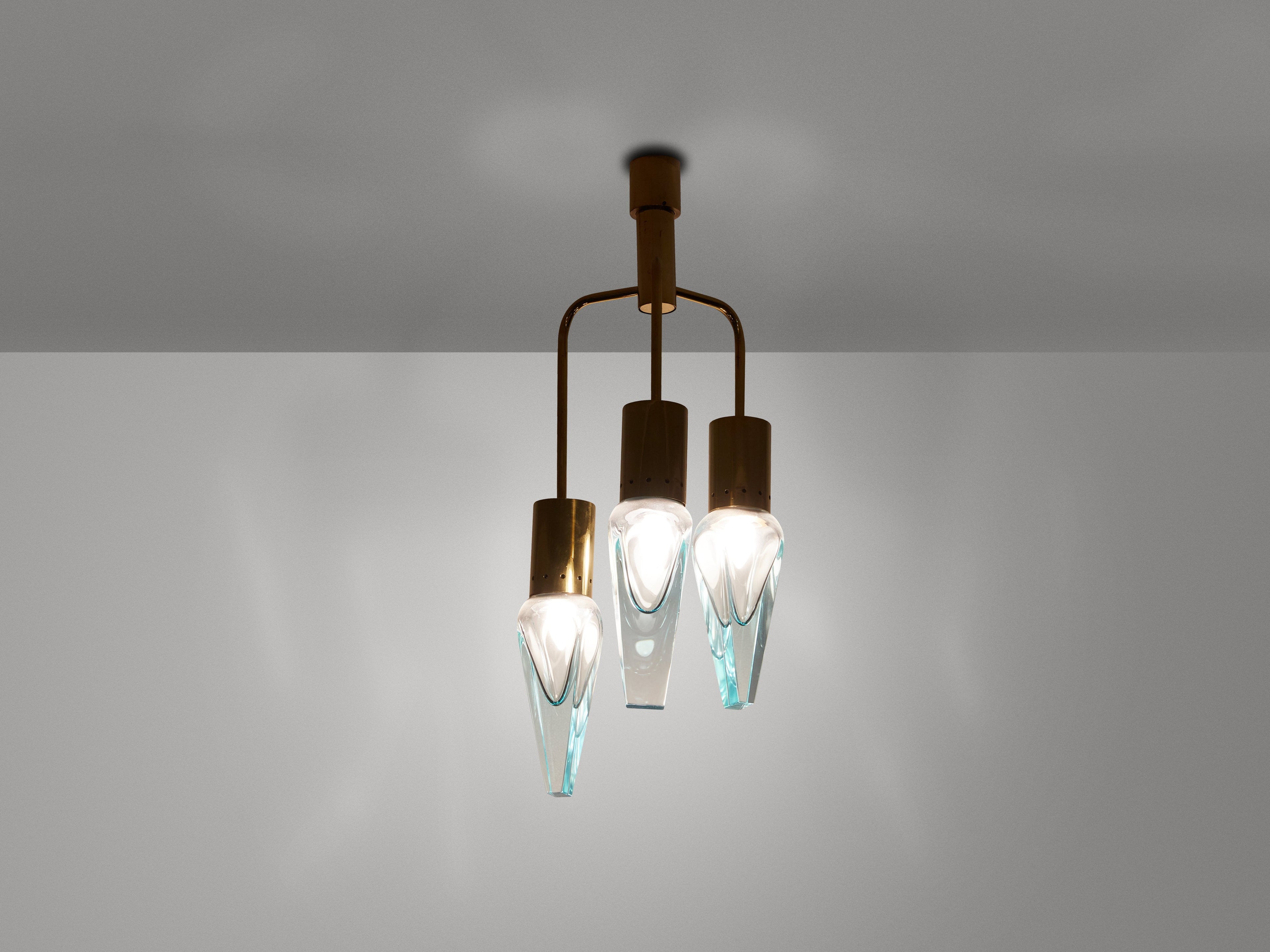 Flavio Poli for Seguso thick Murano glass and brass chandelier 1950s