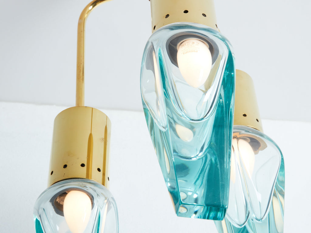 Flavio Poli for Seguso thick Murano glass and brass chandelier 1950s
