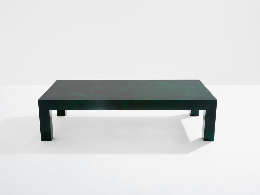 Forest green goatskin parchment coffee table by Aldo Tura 1960s