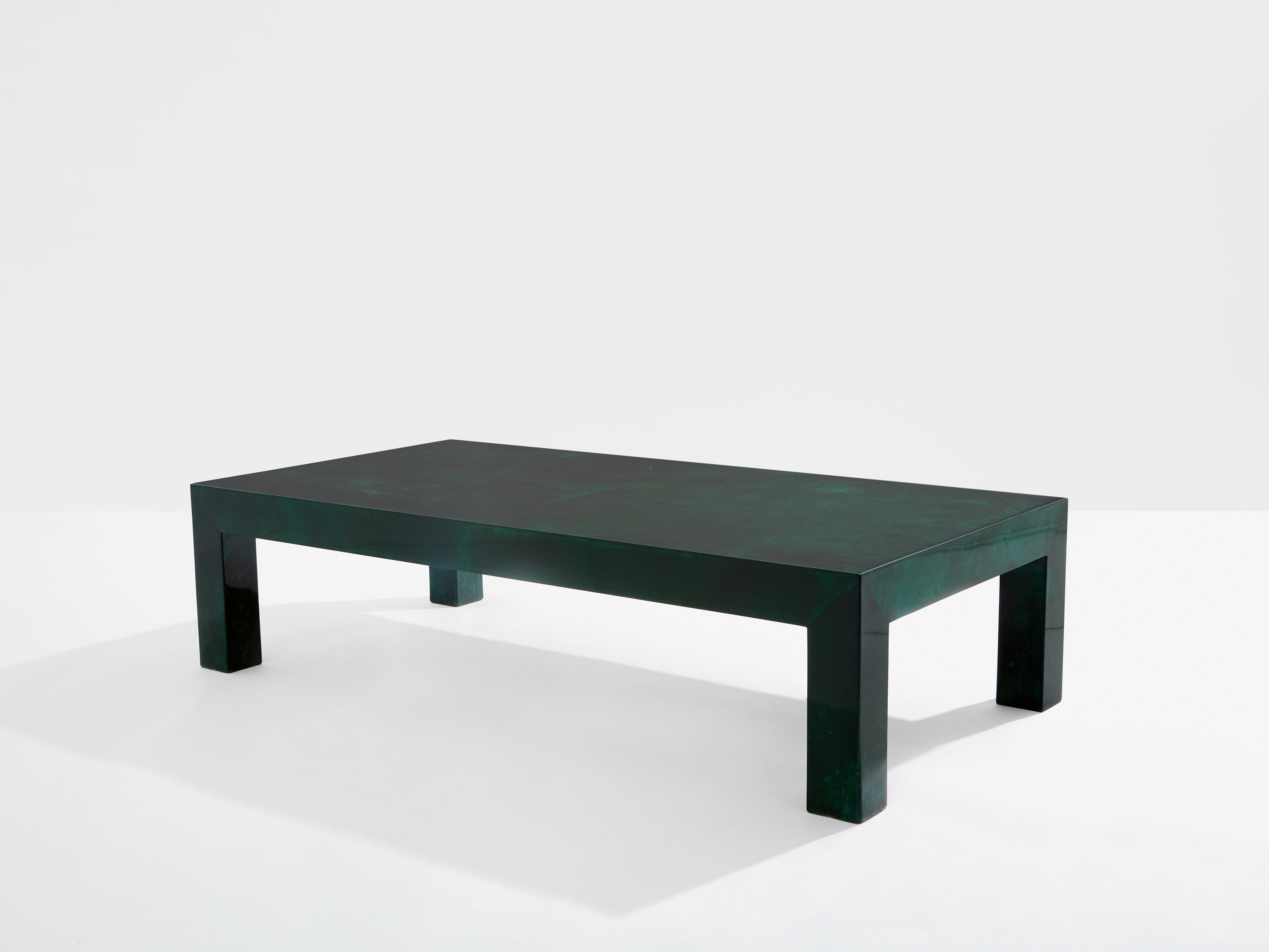 Forest green goatskin parchment coffee table by Aldo Tura 1960s