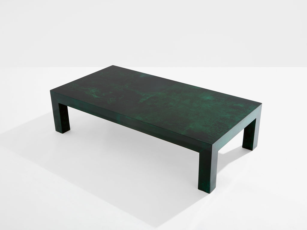 Forest green goatskin parchment coffee table by Aldo Tura 1960s