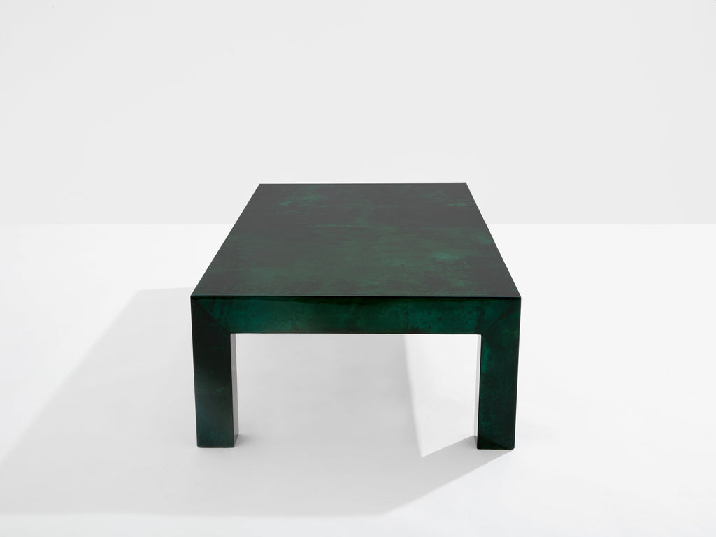 Forest green goatskin parchment coffee table by Aldo Tura 1960s