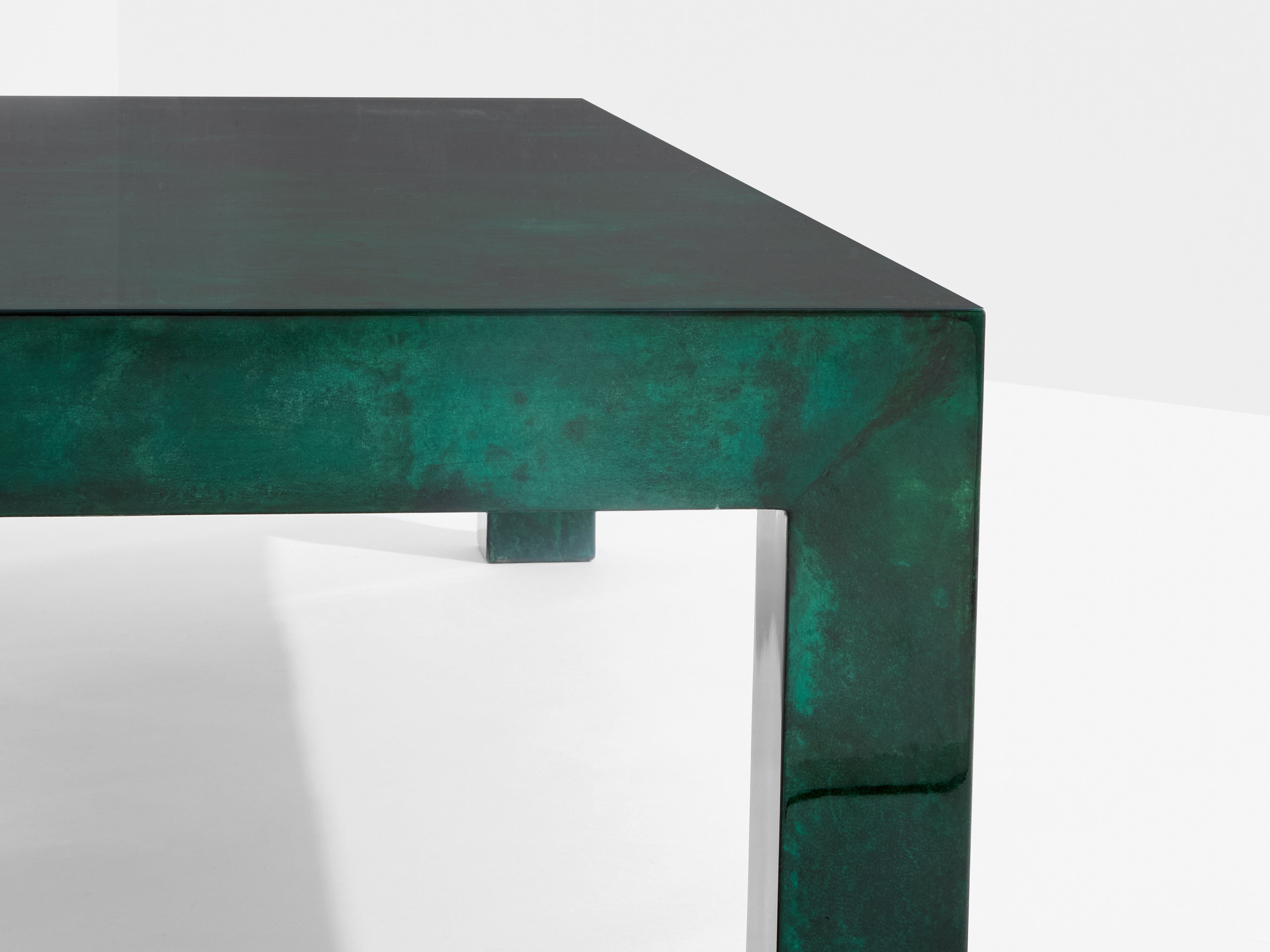 Forest green goatskin parchment coffee table by Aldo Tura 1960s