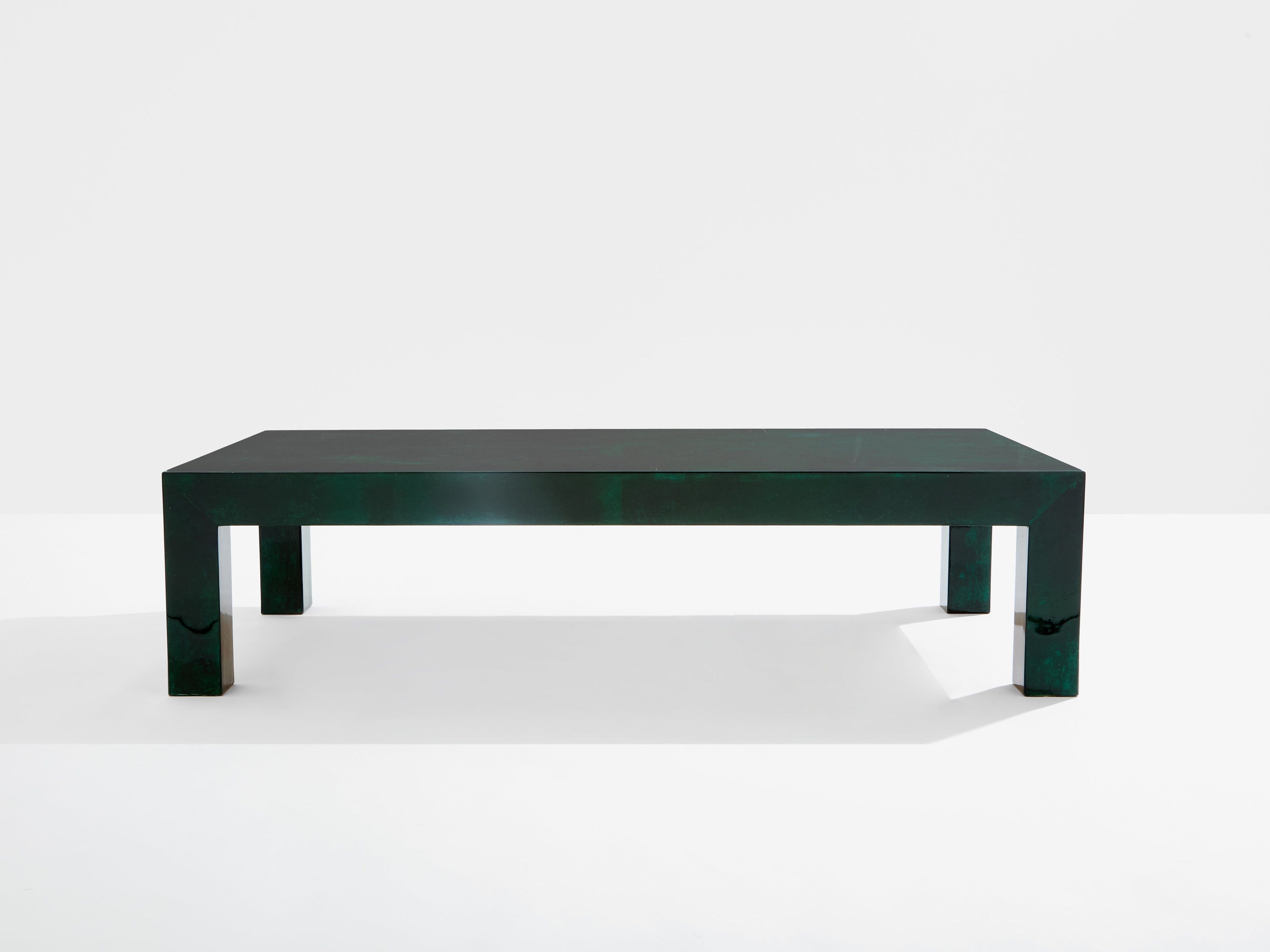Forest green goatskin parchment coffee table by Aldo Tura 1960s