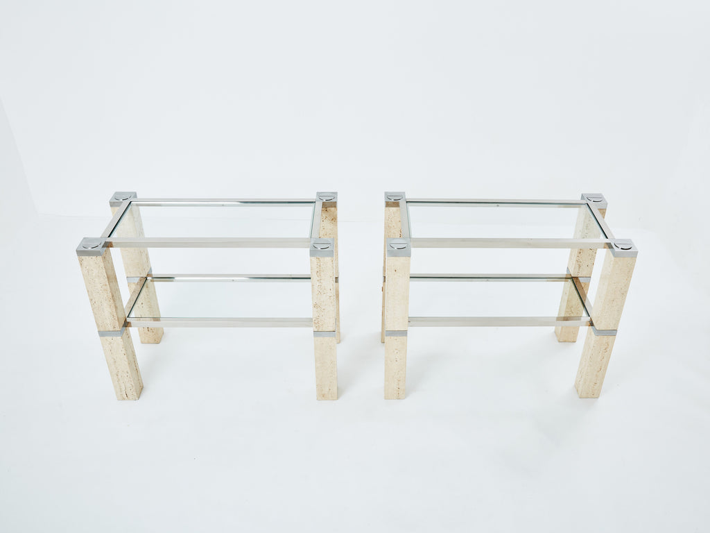 Pair of François Catroux chrome and travertine console tables 1973