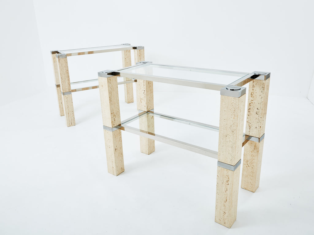 Pair of François Catroux chrome and travertine console tables 1973