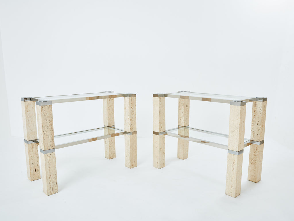 Pair of François Catroux chrome and travertine console tables 1973