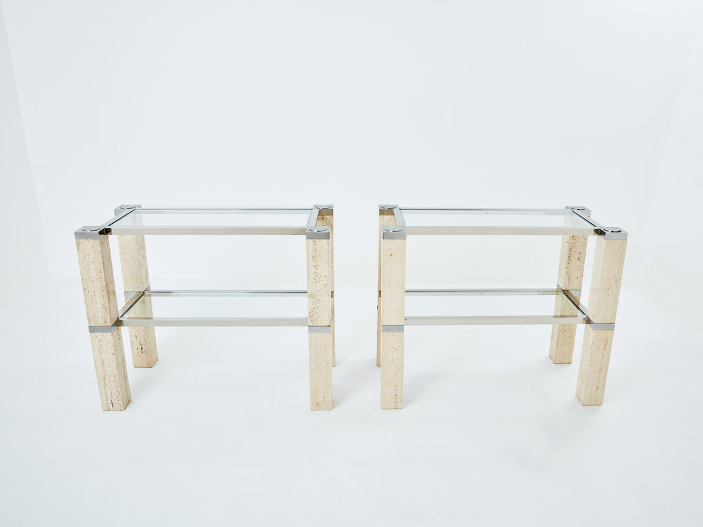 Pair of François Catroux chrome and travertine console tables 1973