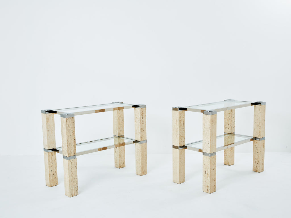 Pair of François Catroux chrome and travertine console tables 1973