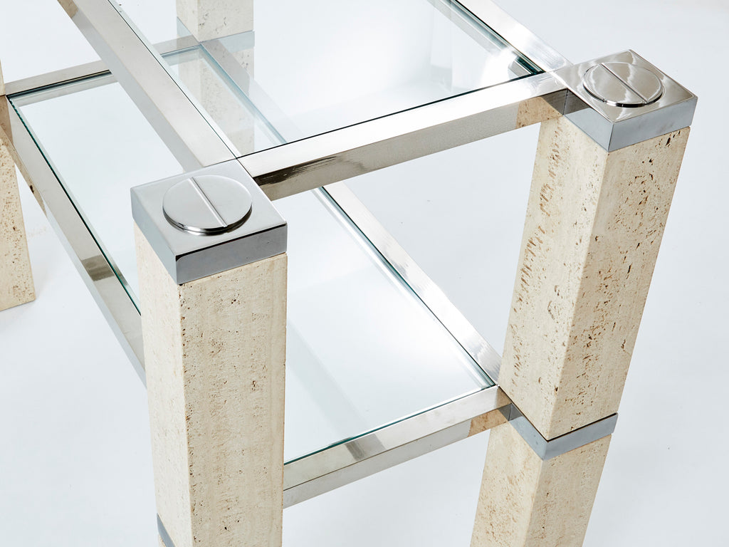 Pair of François Catroux chrome and travertine console tables 1973