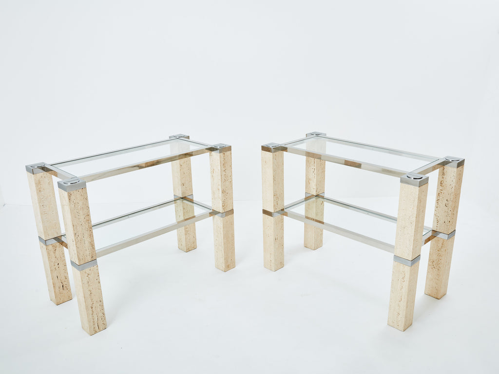 Pair of François Catroux chrome and travertine console tables 1973