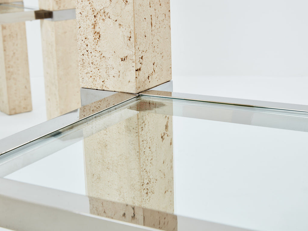 Pair of François Catroux chrome and travertine console tables 1973