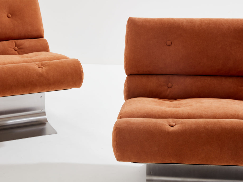 François Monnet for Kappa stainless steel suede armchairs 1970
