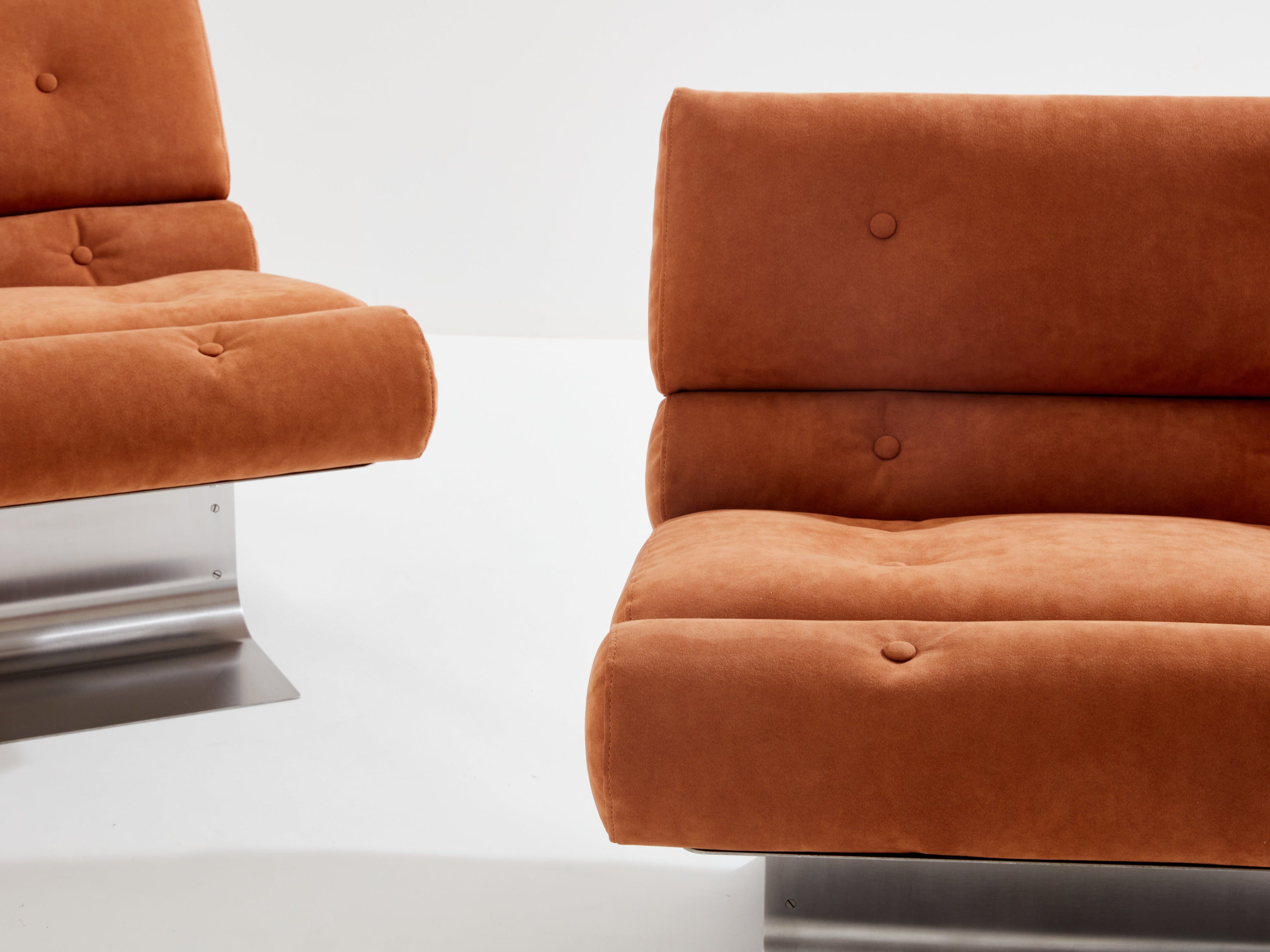 François Monnet for Kappa stainless steel suede armchairs 1970