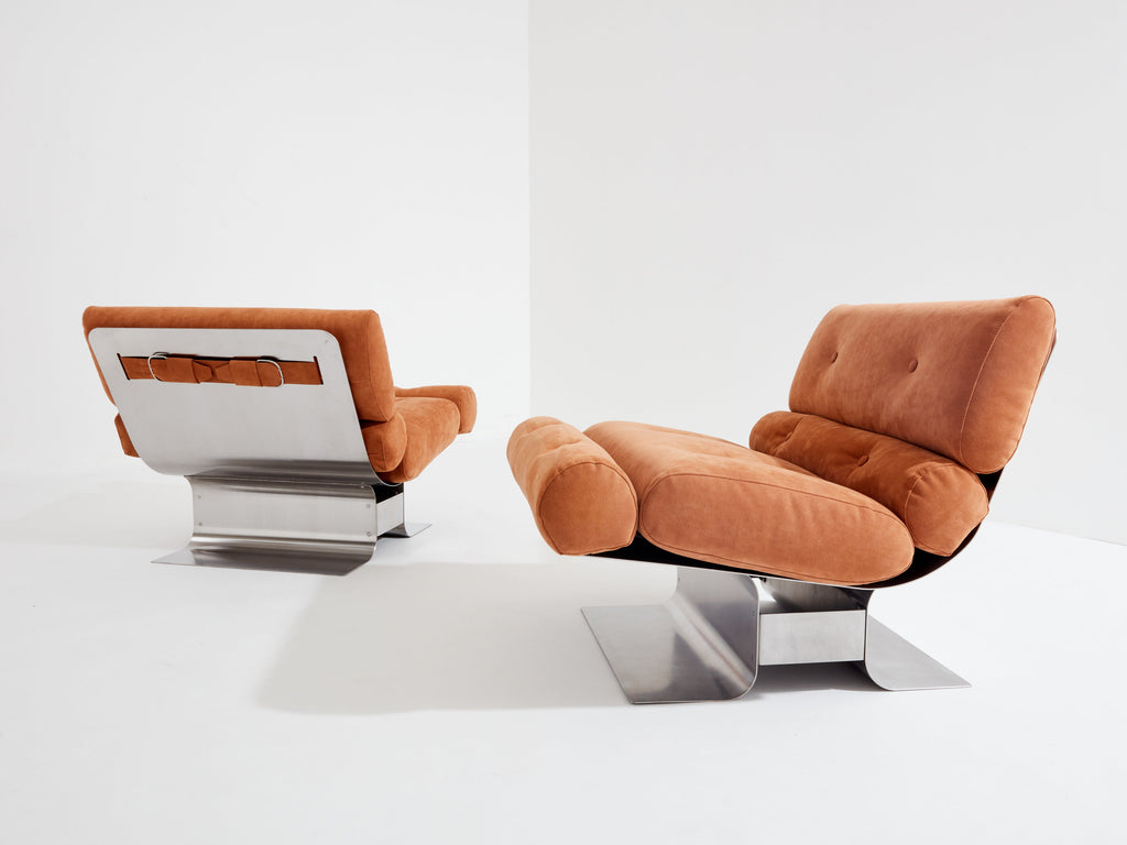 François Monnet for Kappa stainless steel suede armchairs 1970