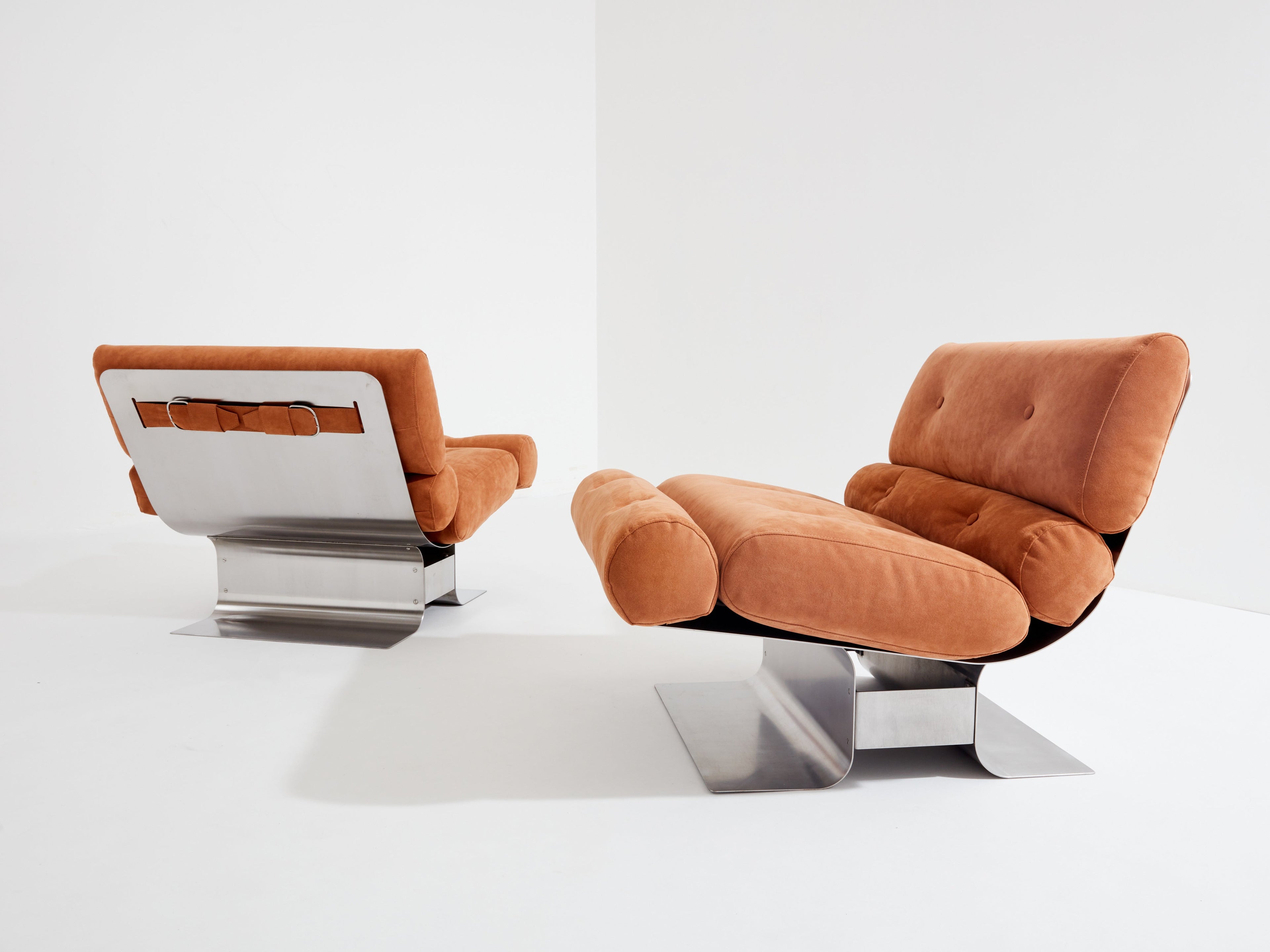 François Monnet for Kappa stainless steel suede armchairs 1970
