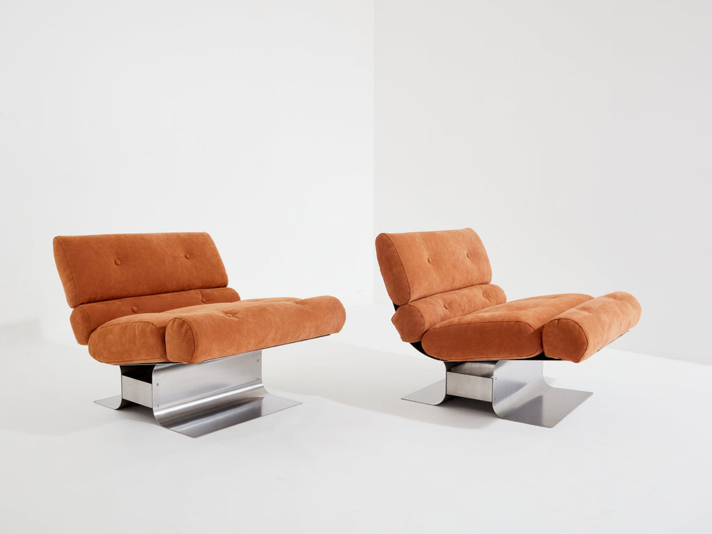 François Monnet for Kappa stainless steel suede armchairs 1970