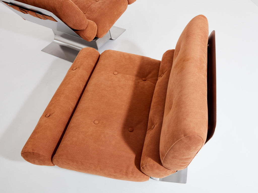 François Monnet for Kappa stainless steel suede armchairs 1970
