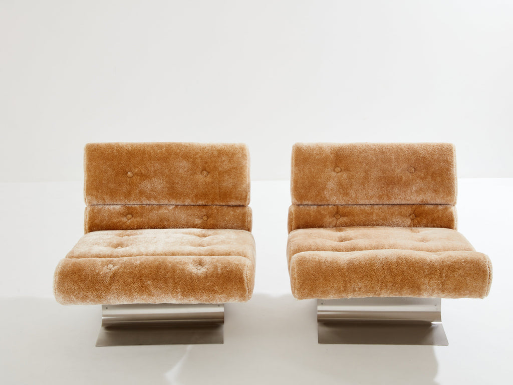 François Monnet for Kappa steel mohair velvet armchairs 1970