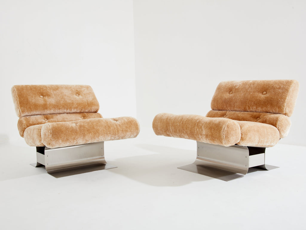 François Monnet for Kappa steel mohair velvet armchairs 1970