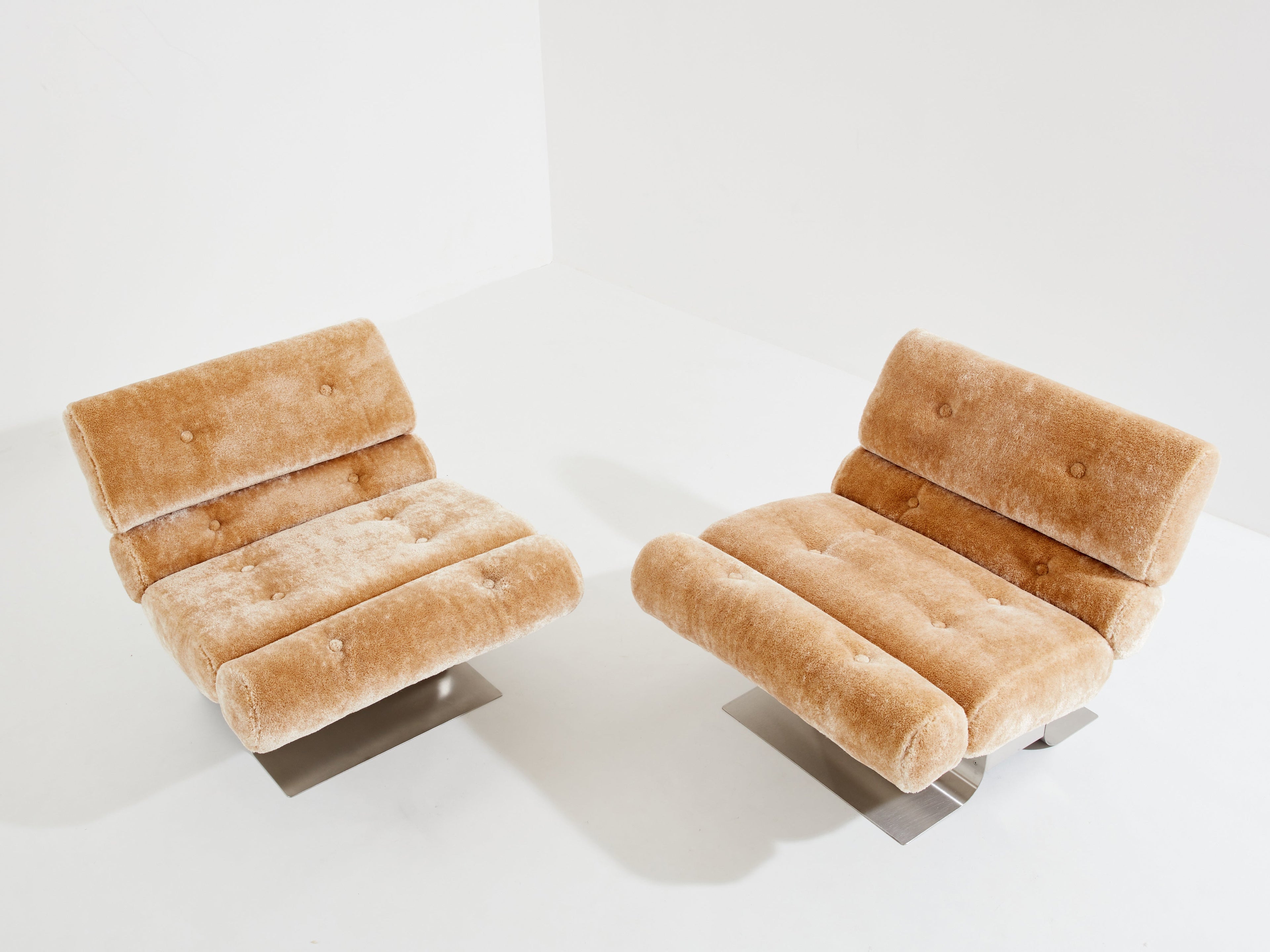 François Monnet for Kappa steel mohair velvet armchairs 1970