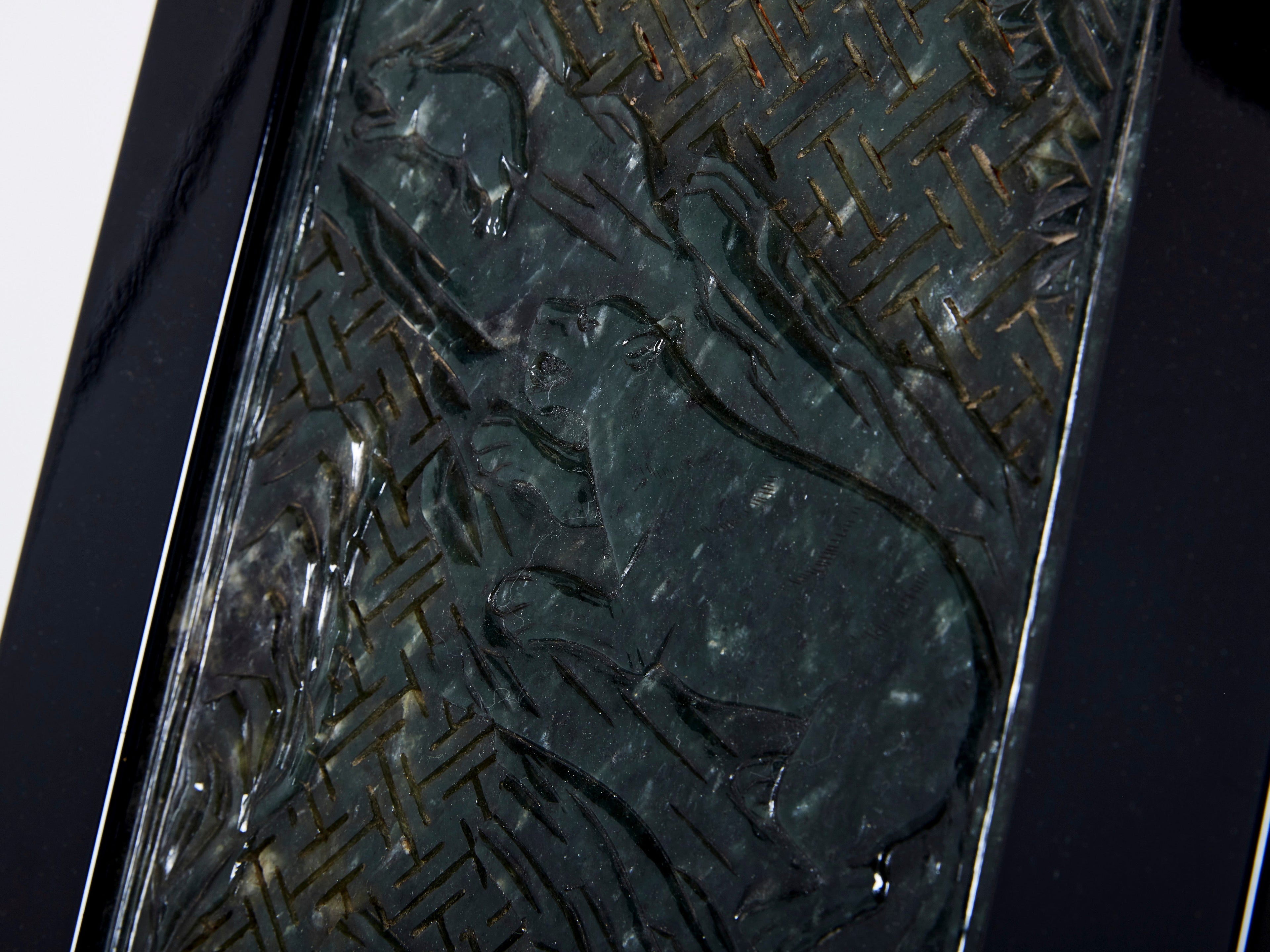 French Art Deco box black lacquer carved Jade stone 1930