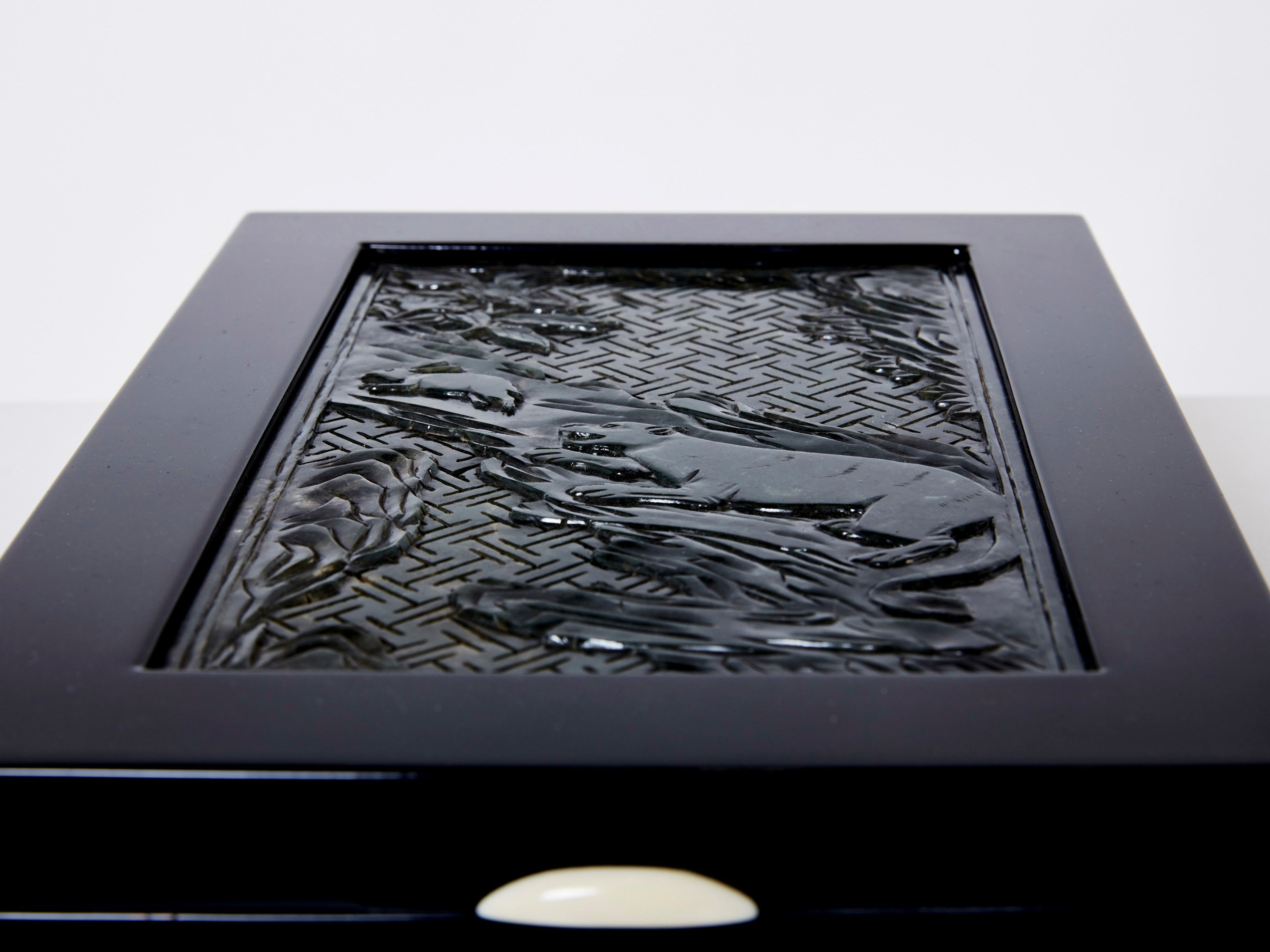 French Art Deco box black lacquer carved Jade stone 1930