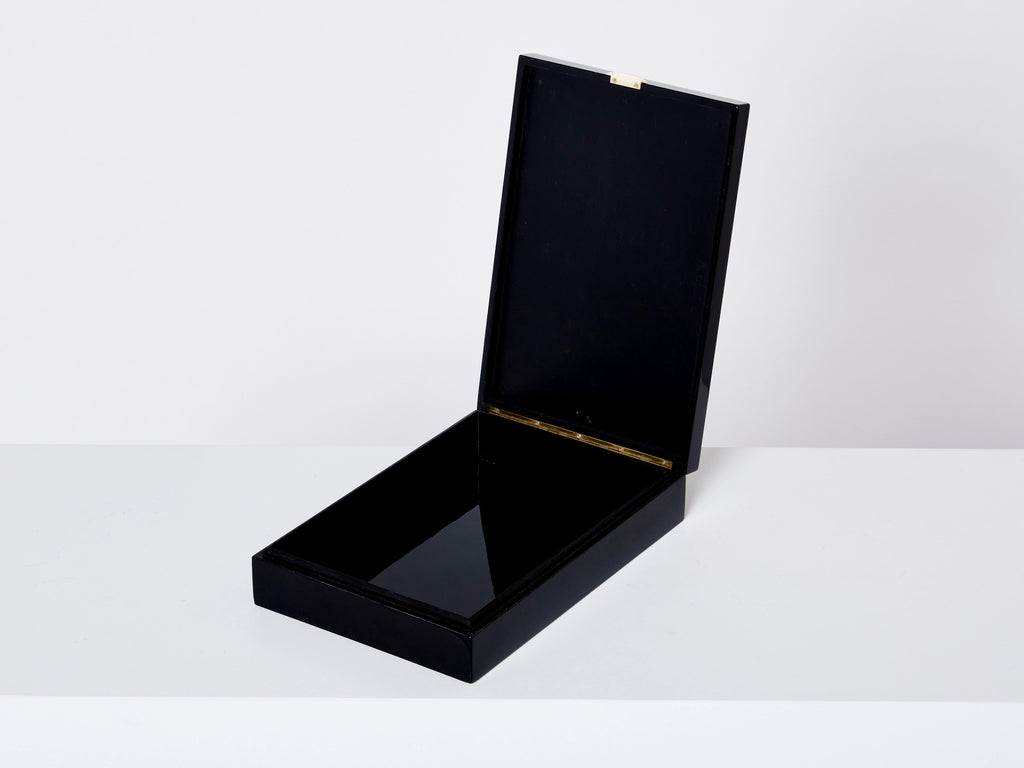 French Art Deco box black lacquer carved Jade stone 1930