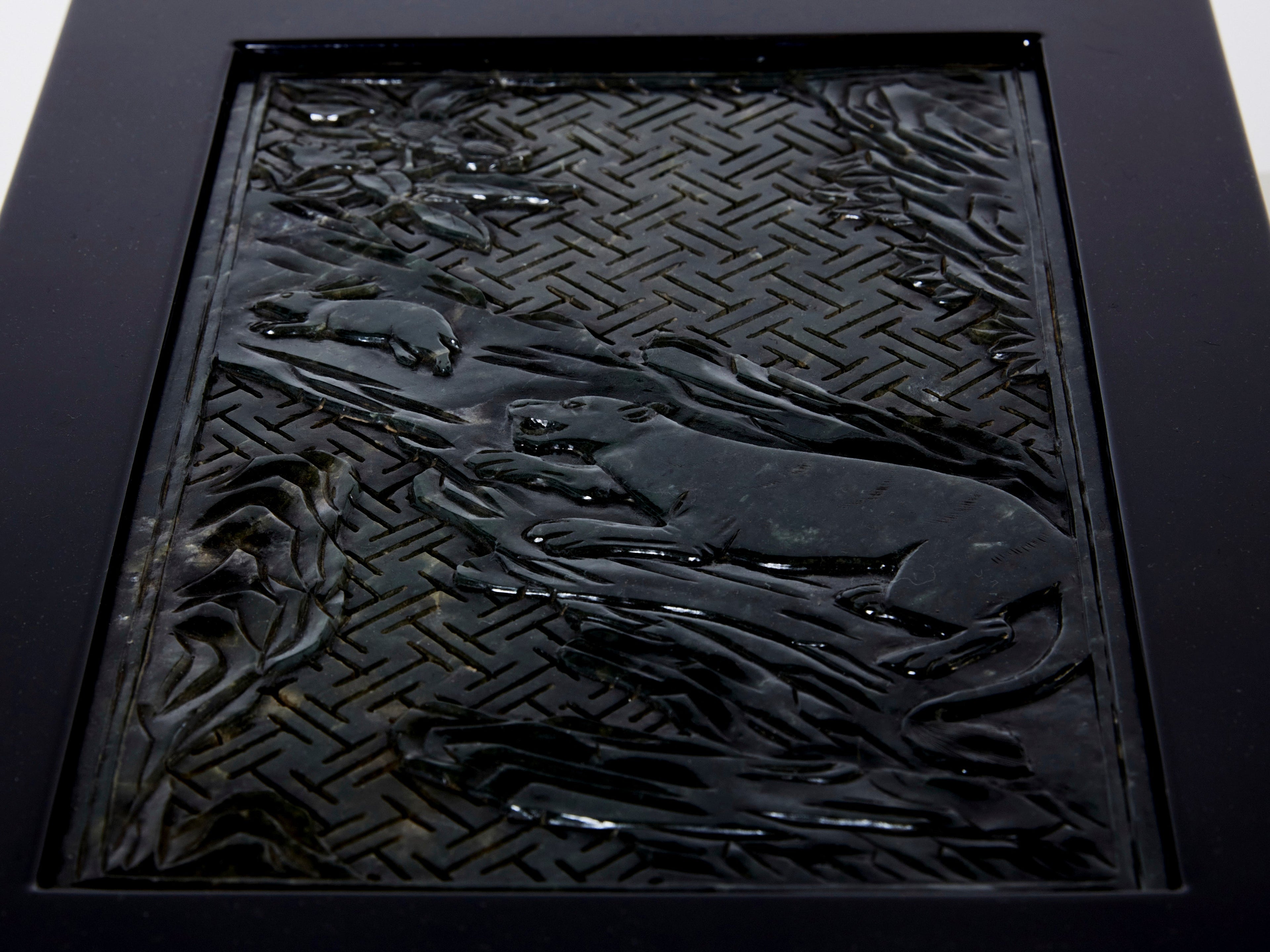French Art Deco box black lacquer carved Jade stone 1930