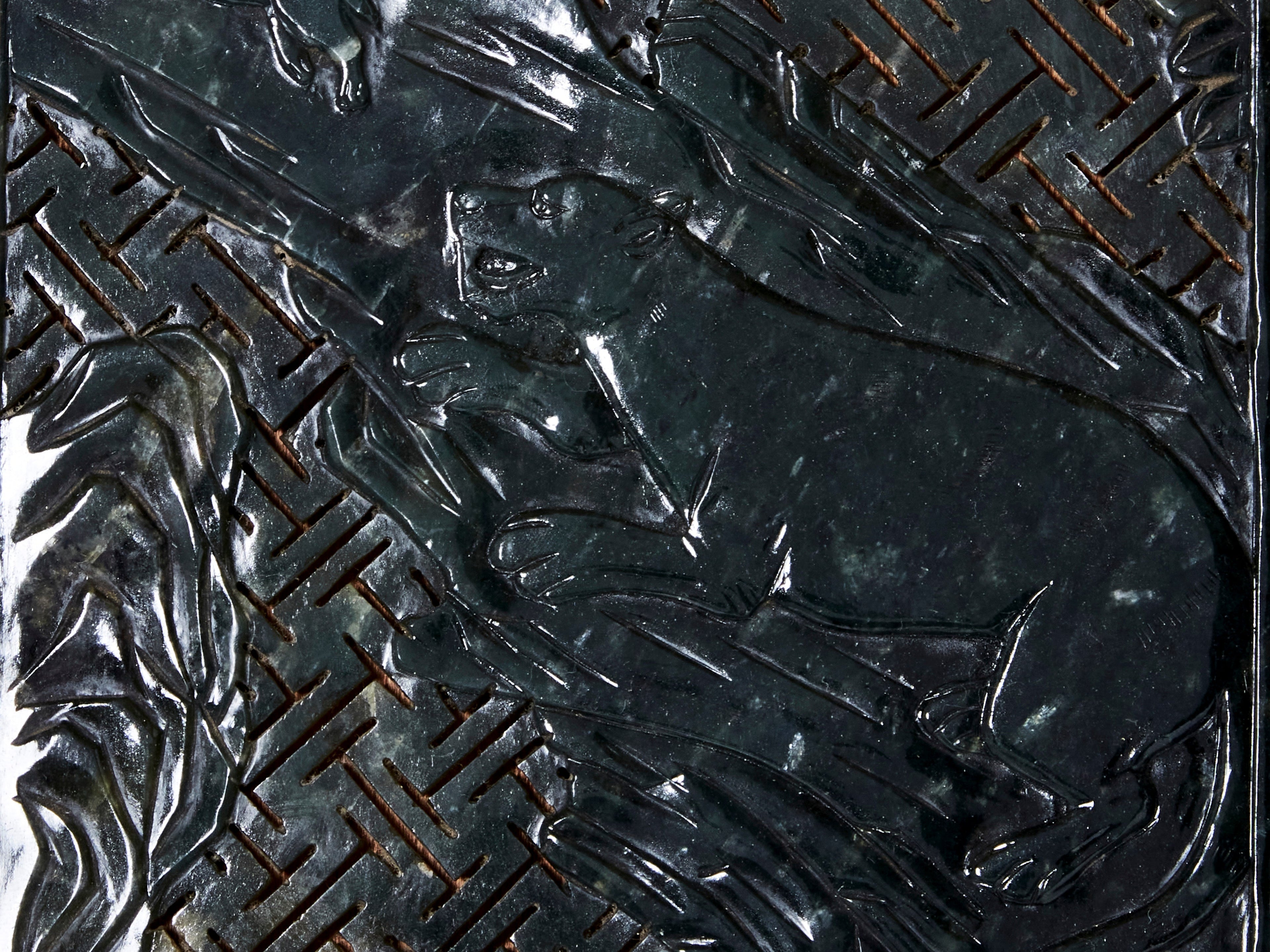 French Art Deco box black lacquer carved Jade stone 1930