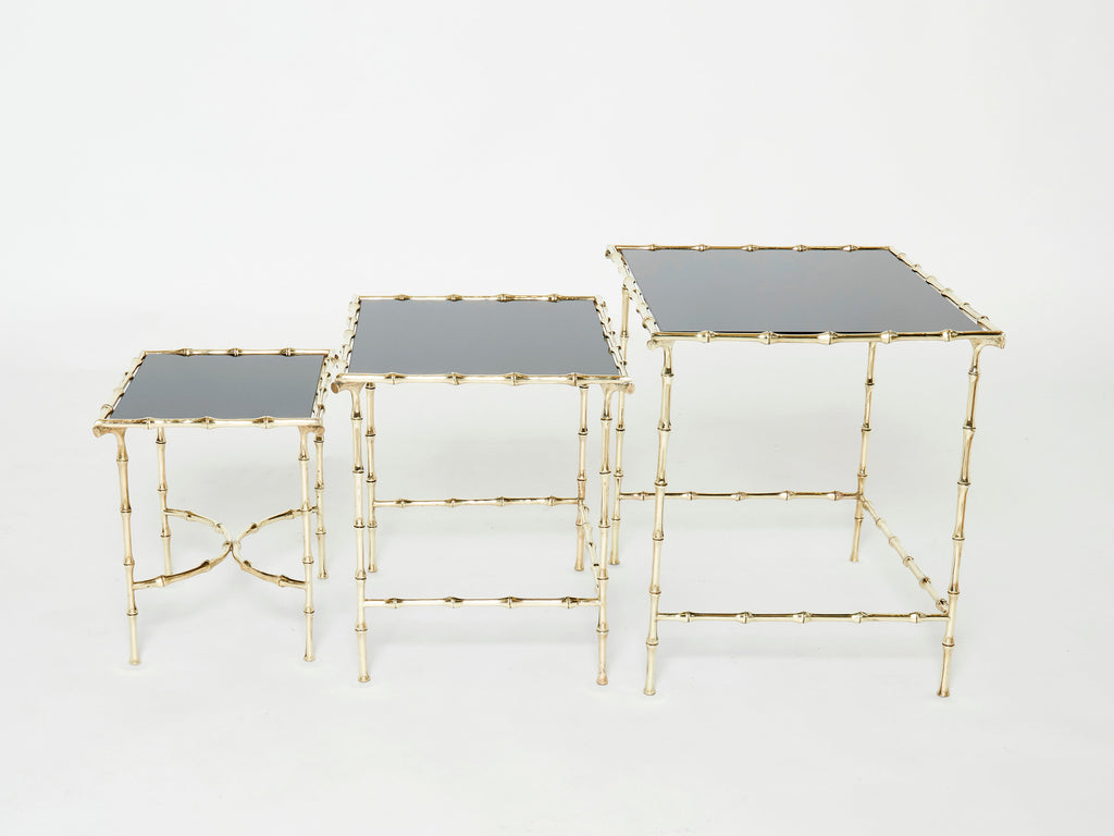 French Maison Baguès bamboo brass black top nesting tables 1960s