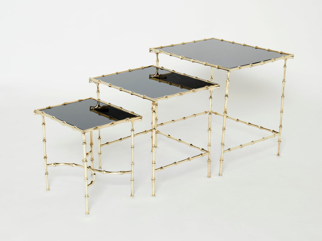 French Maison Baguès bamboo brass black top nesting tables 1960s